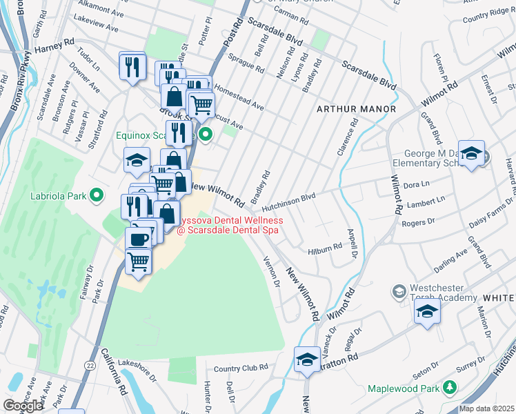map of restaurants, bars, coffee shops, grocery stores, and more near 3 Madison Road in Scarsdale