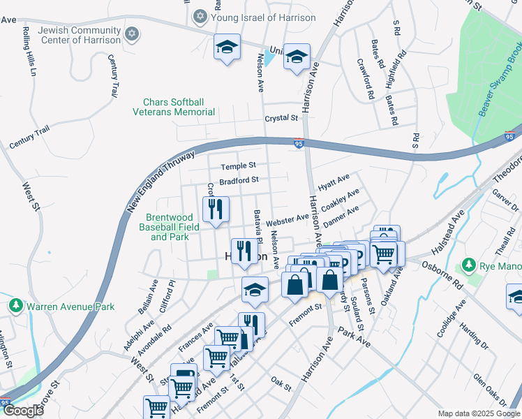 map of restaurants, bars, coffee shops, grocery stores, and more near 77 Nelson Avenue in Harrison