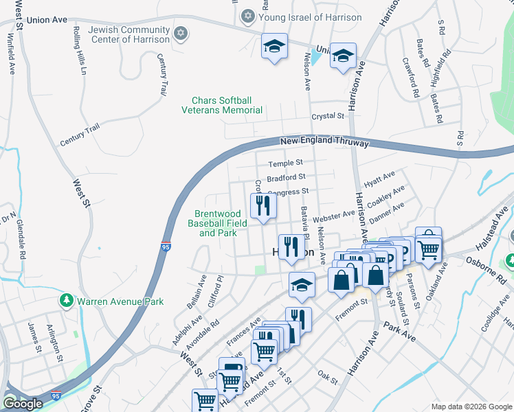 map of restaurants, bars, coffee shops, grocery stores, and more near 127 Rockwell Street in Harrison