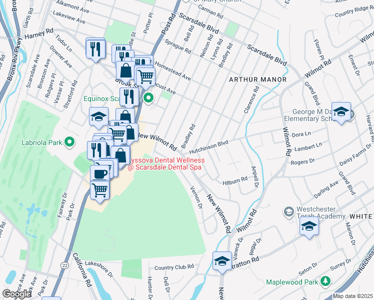 map of restaurants, bars, coffee shops, grocery stores, and more near 3 Madison Road in Scarsdale