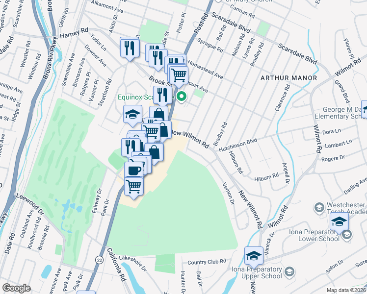 map of restaurants, bars, coffee shops, grocery stores, and more near 64 New Wilmot Road in Scarsdale
