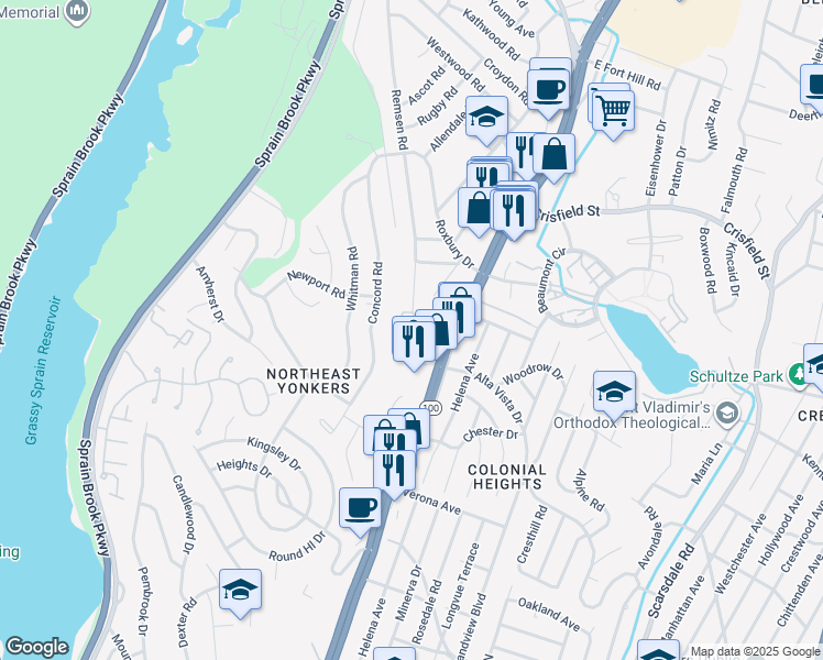 map of restaurants, bars, coffee shops, grocery stores, and more near 265 Concord Road in Yonkers