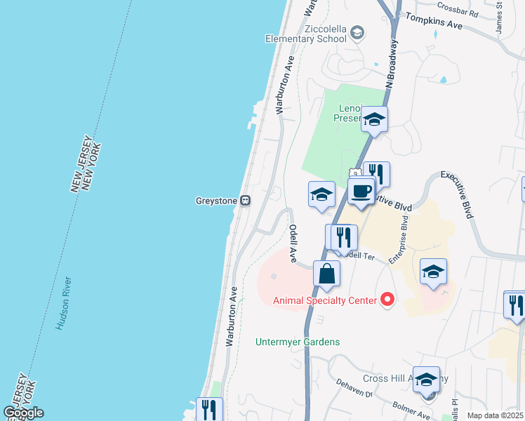 map of restaurants, bars, coffee shops, grocery stores, and more near 1081 Warburton Avenue in Yonkers