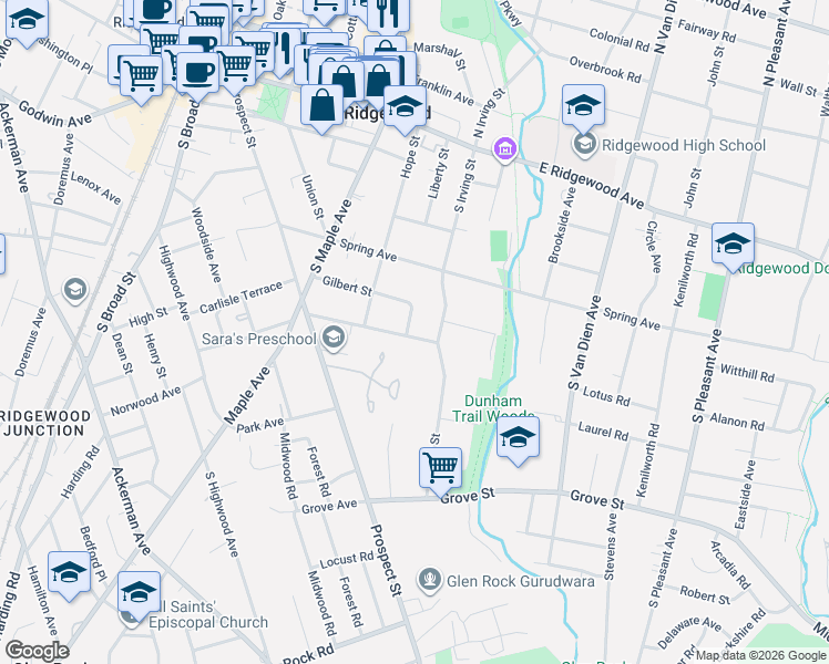 map of restaurants, bars, coffee shops, grocery stores, and more near 391 Gilbert Street in Ridgewood