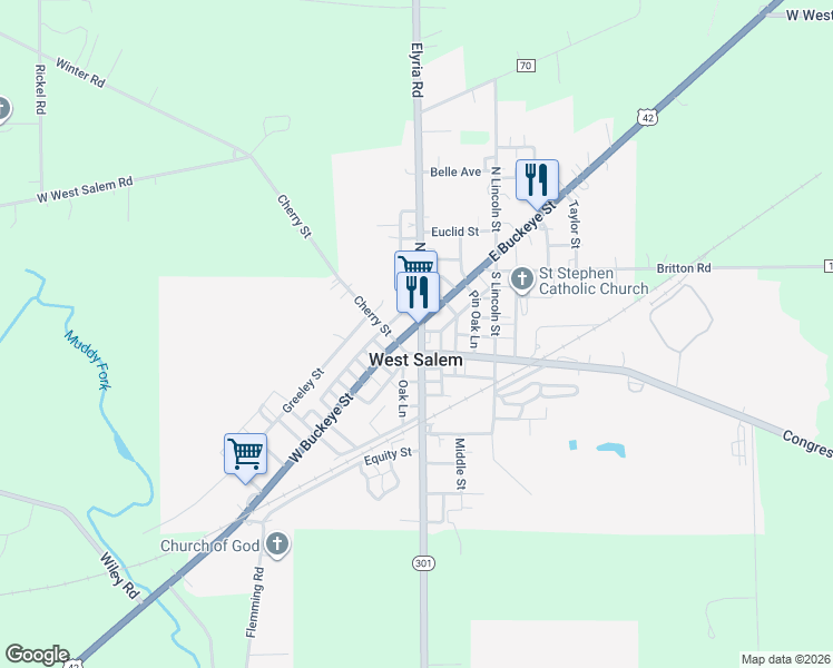 map of restaurants, bars, coffee shops, grocery stores, and more near 5 West Buckeye Street in West Salem