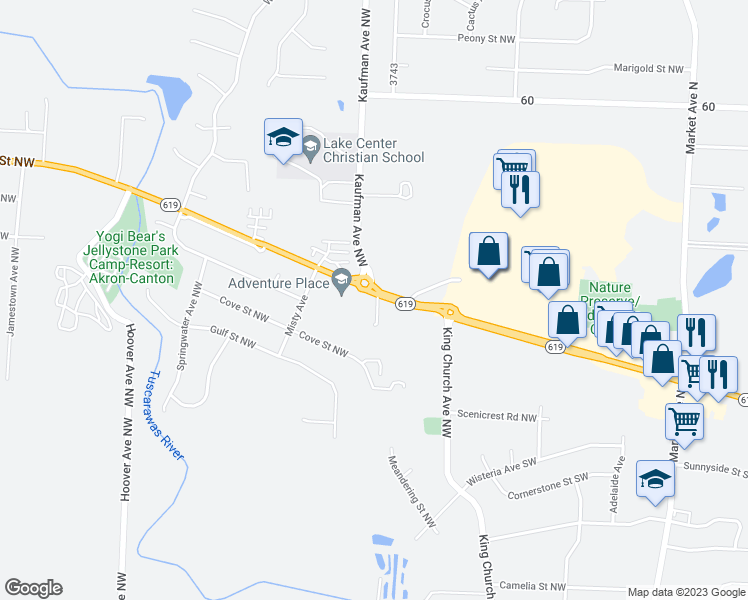 map of restaurants, bars, coffee shops, grocery stores, and more near 1448 Edison Street Northwest in Hartville