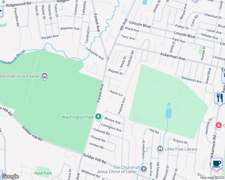map of restaurants, bars, coffee shops, grocery stores, and more near 41 Karen Lane in Emerson