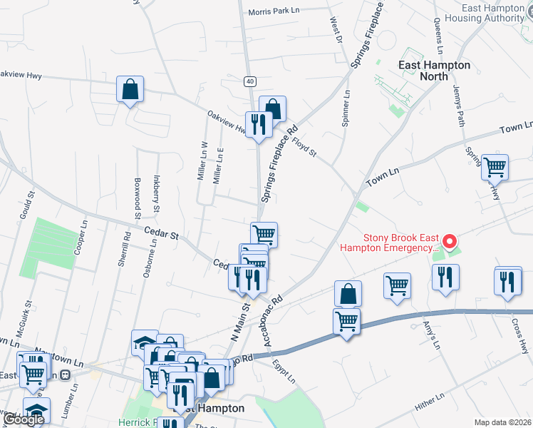 map of restaurants, bars, coffee shops, grocery stores, and more near 164 North Main Street in East Hampton
