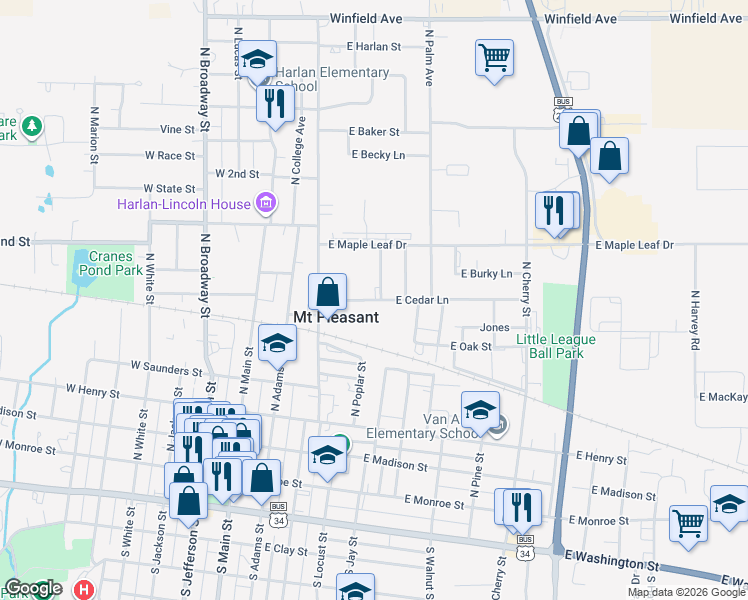map of restaurants, bars, coffee shops, grocery stores, and more near 479 E Cedar Ln in Mt Pleasant