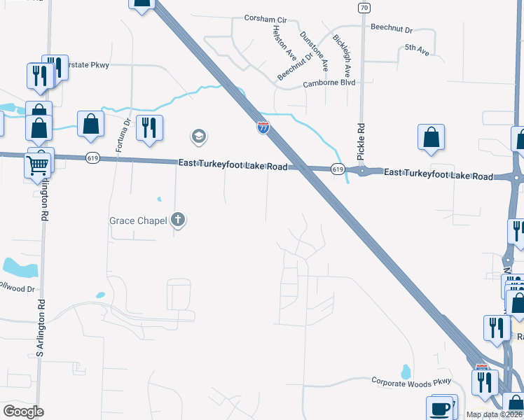 map of restaurants, bars, coffee shops, grocery stores, and more near 3364 Molly Drive in Akron