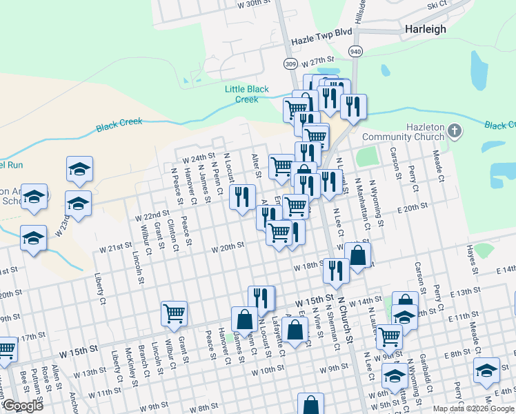 map of restaurants, bars, coffee shops, grocery stores, and more near 993 Alter Street in Hazleton