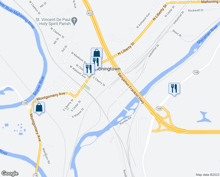 map of restaurants, bars, coffee shops, grocery stores, and more near 201 East Cherry Street in New Castle
