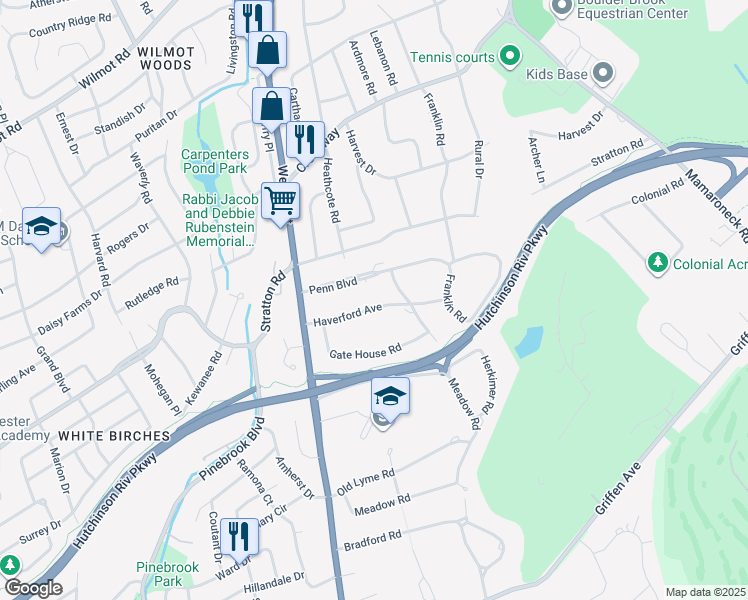 map of restaurants, bars, coffee shops, grocery stores, and more near 33 Haverford Avenue in Scarsdale