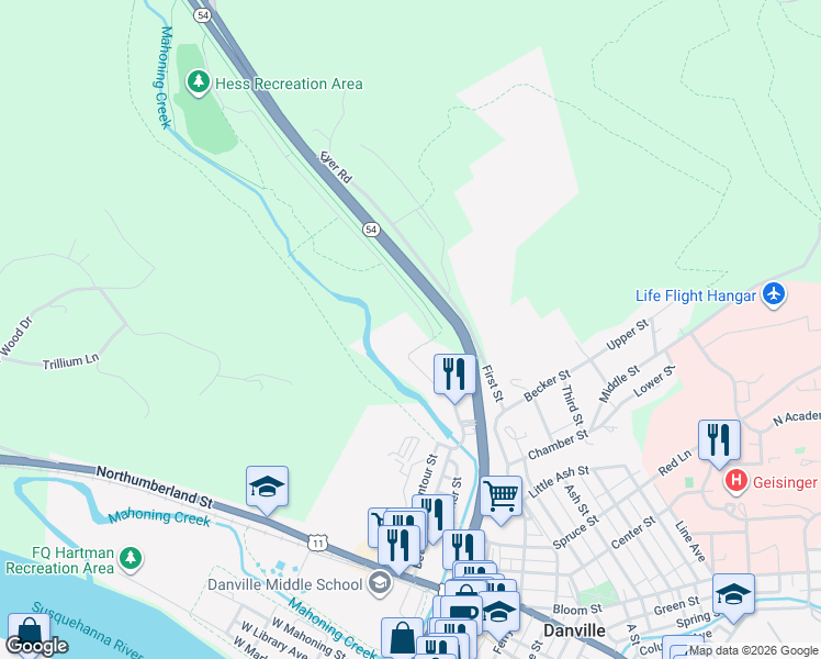 map of restaurants, bars, coffee shops, grocery stores, and more near J. Manley Robbins Trail in Danville