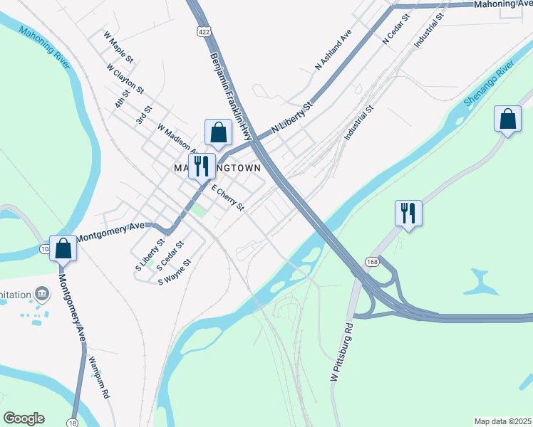 map of restaurants, bars, coffee shops, grocery stores, and more near 210 East Madison Avenue in New Castle