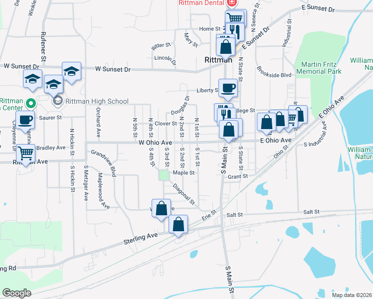 map of restaurants, bars, coffee shops, grocery stores, and more near 90 West Ohio Avenue in Rittman
