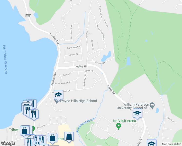 map of restaurants, bars, coffee shops, grocery stores, and more near 32 Gates Place in Wayne