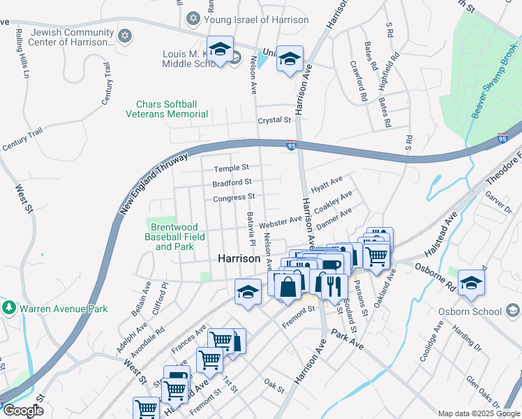 map of restaurants, bars, coffee shops, grocery stores, and more near 77 Nelson Avenue in Harrison