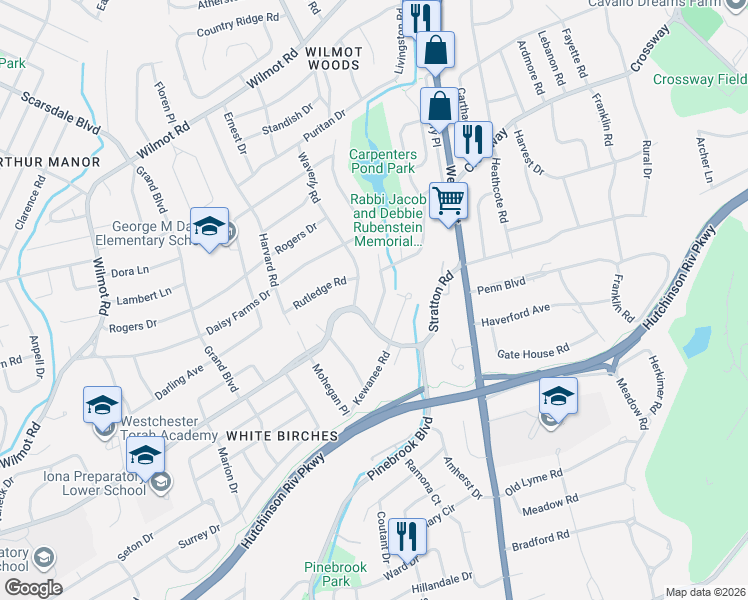 map of restaurants, bars, coffee shops, grocery stores, and more near 244 Waverly Road in Scarsdale