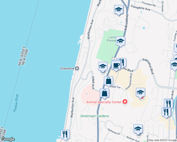 map of restaurants, bars, coffee shops, grocery stores, and more near 35 Odell Avenue in Yonkers