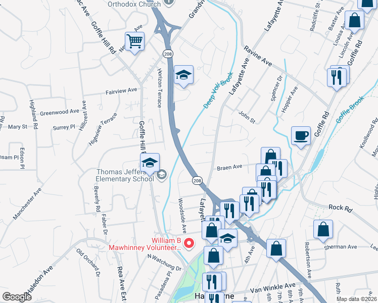 map of restaurants, bars, coffee shops, grocery stores, and more near 42 Ravine Drive West in Hawthorne