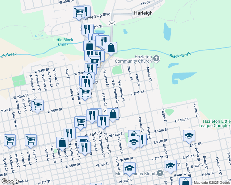 map of restaurants, bars, coffee shops, grocery stores, and more near 17 W 20th St in Hazleton