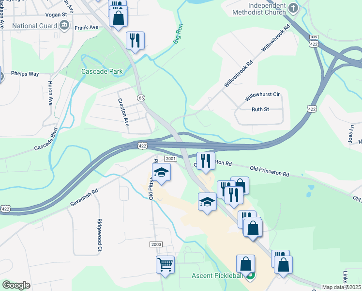 map of restaurants, bars, coffee shops, grocery stores, and more near 65th Infantry Division Memorial Highway in New Castle