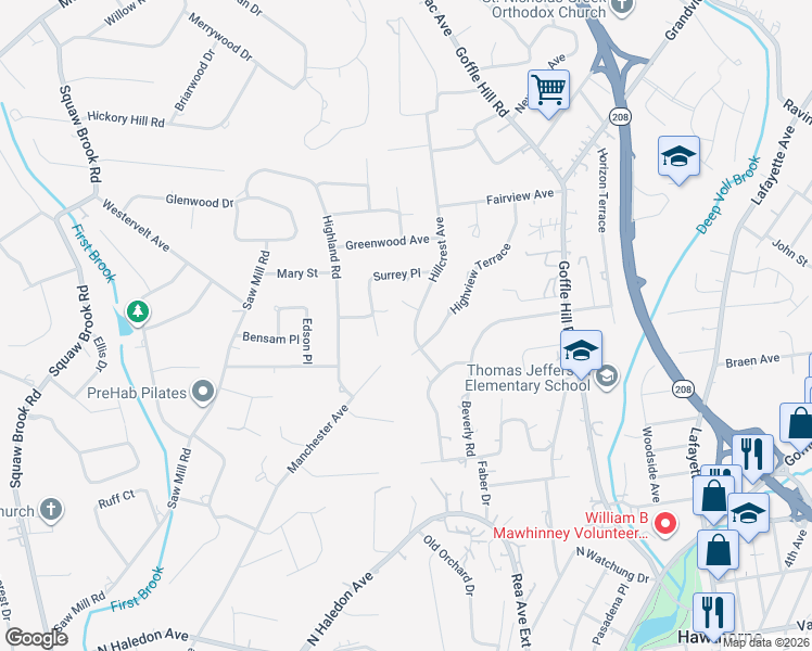 map of restaurants, bars, coffee shops, grocery stores, and more near 48 Hillcrest Avenue in Hawthorne
