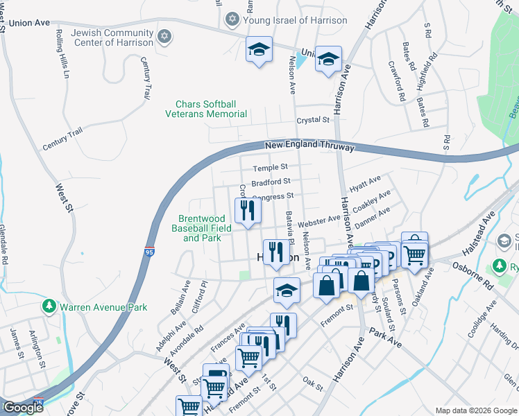 map of restaurants, bars, coffee shops, grocery stores, and more near 104 Post Place in Harrison