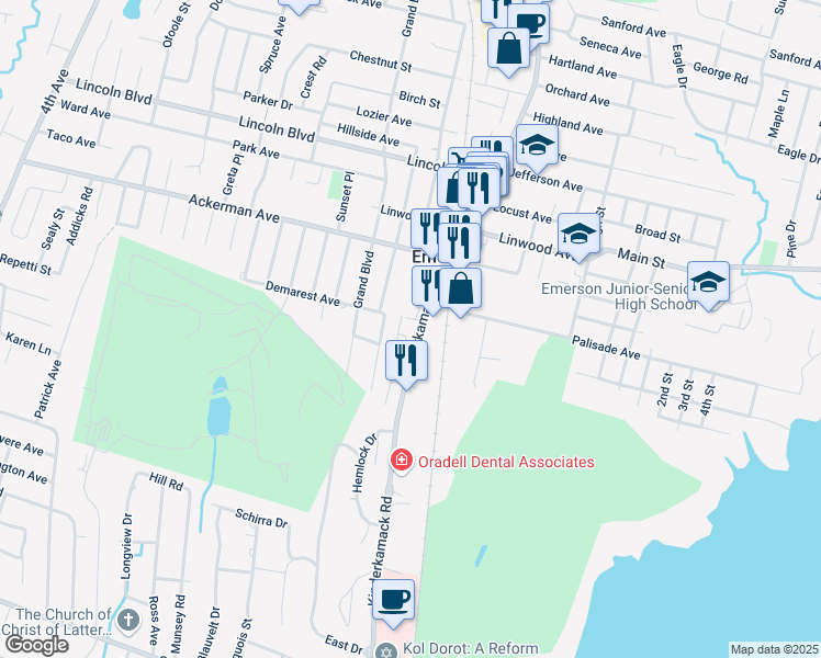 map of restaurants, bars, coffee shops, grocery stores, and more near 72 Kinderkamack Road in Emerson