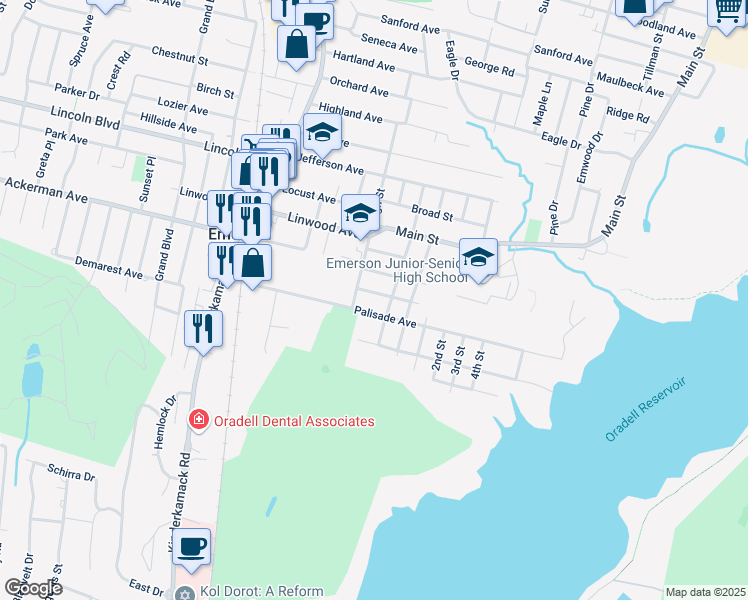 map of restaurants, bars, coffee shops, grocery stores, and more near 17 Marianna Place in Emerson