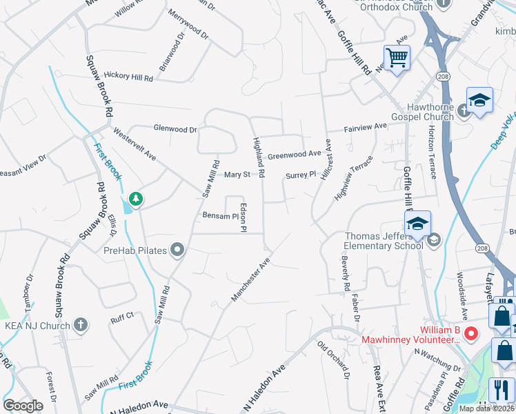 map of restaurants, bars, coffee shops, grocery stores, and more near 109 Highland Road in North Haledon