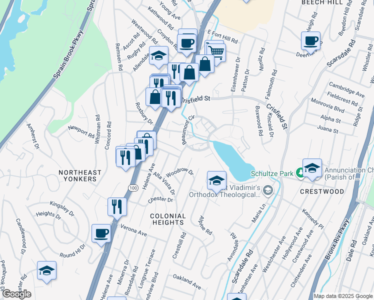 map of restaurants, bars, coffee shops, grocery stores, and more near 25 Beaumont Circle in Yonkers