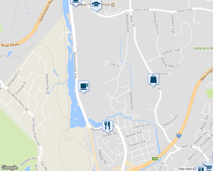 map of restaurants, bars, coffee shops, grocery stores, and more near 6 Old Woods Drive in Harrison