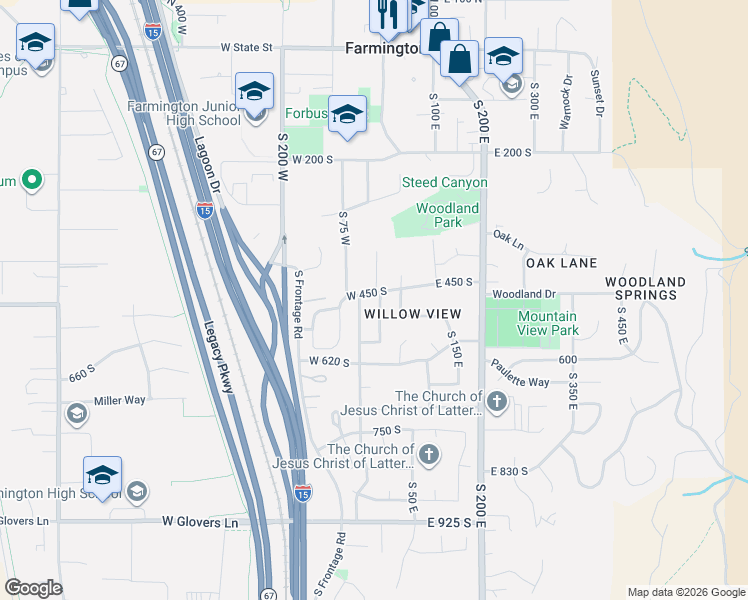 map of restaurants, bars, coffee shops, grocery stores, and more near 466 South 10 West in Farmington