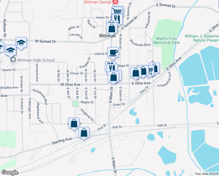 map of restaurants, bars, coffee shops, grocery stores, and more near 17 South Main Street in Rittman
