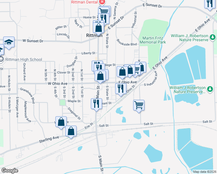 map of restaurants, bars, coffee shops, grocery stores, and more near 16 South State Street in Rittman