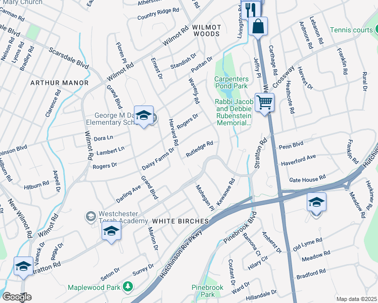 map of restaurants, bars, coffee shops, grocery stores, and more near 59 Rutledge Road in Scarsdale