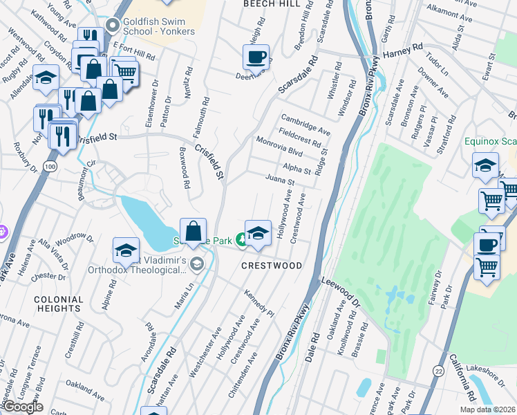 map of restaurants, bars, coffee shops, grocery stores, and more near 54 Brosnan Place in Yonkers