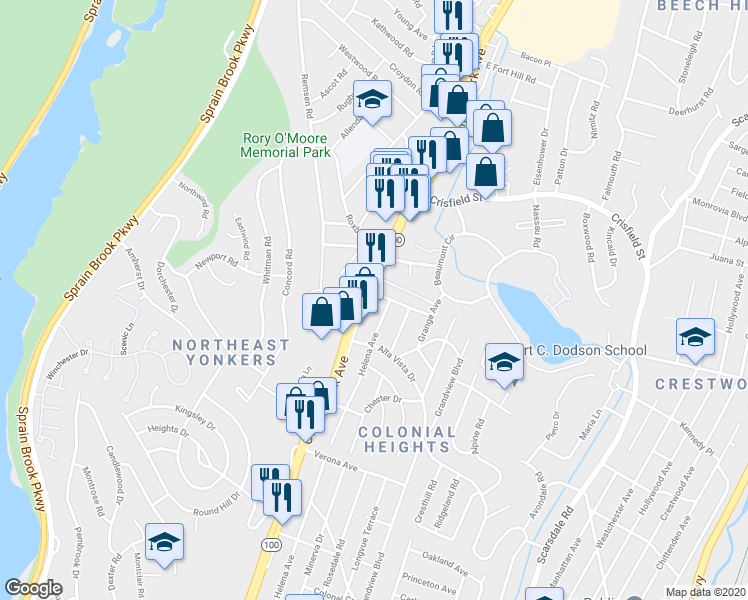 map of restaurants, bars, coffee shops, grocery stores, and more near 2176 Central Park Avenue in Yonkers