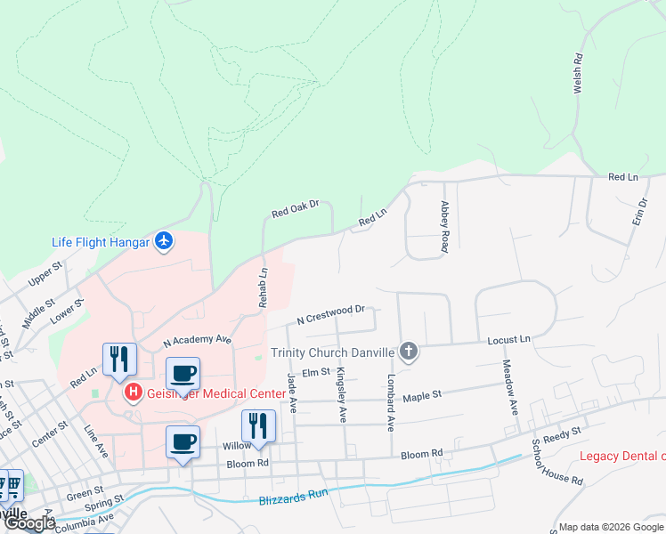map of restaurants, bars, coffee shops, grocery stores, and more near 8 Millwood Drive in Danville