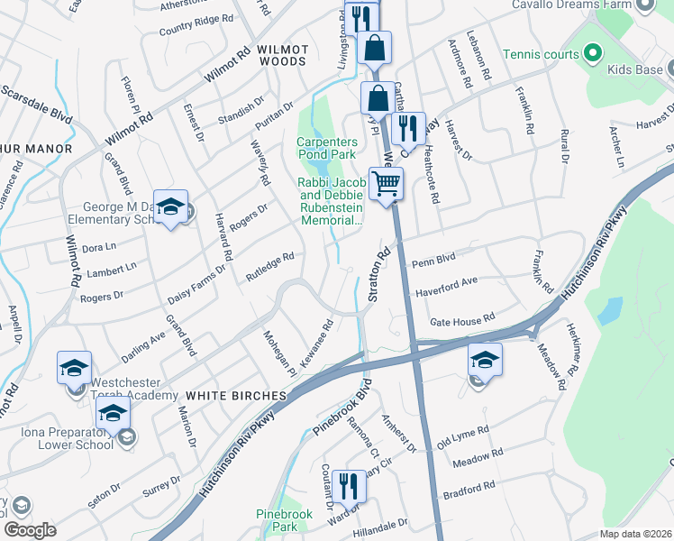 map of restaurants, bars, coffee shops, grocery stores, and more near 1 Kewanee Road in New Rochelle