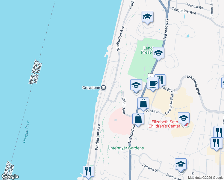 map of restaurants, bars, coffee shops, grocery stores, and more near 1081 Warburton Avenue in Yonkers