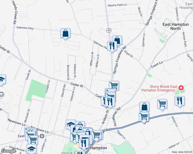 map of restaurants, bars, coffee shops, grocery stores, and more near 36 Miller Lane in East Hampton