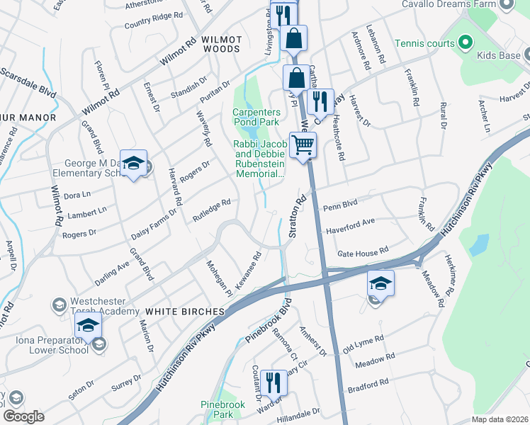 map of restaurants, bars, coffee shops, grocery stores, and more near 1 Kewanee Road in New Rochelle