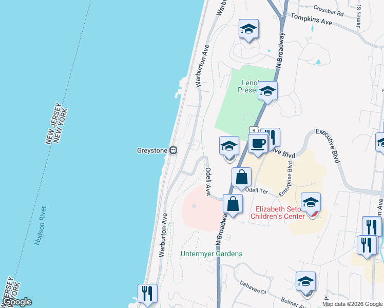 map of restaurants, bars, coffee shops, grocery stores, and more near 35 Odell Avenue in Yonkers