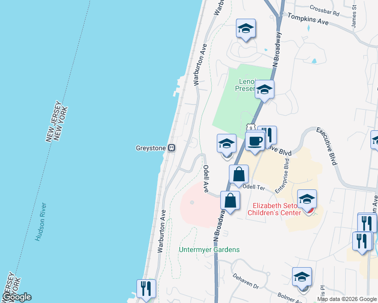 map of restaurants, bars, coffee shops, grocery stores, and more near 35 Odell Avenue in Yonkers