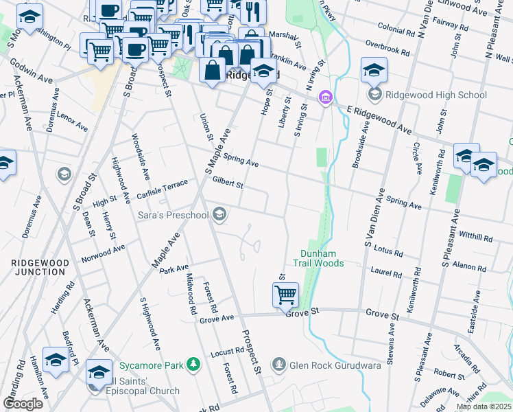map of restaurants, bars, coffee shops, grocery stores, and more near 369 Cedar Avenue in Ridgewood
