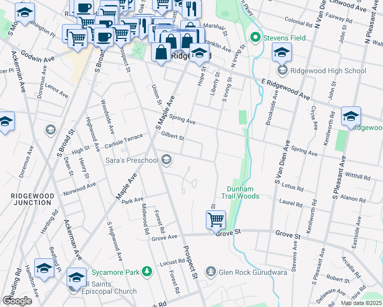 map of restaurants, bars, coffee shops, grocery stores, and more near 369 Cedar Avenue in Ridgewood