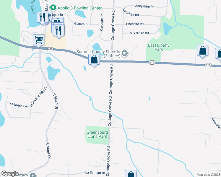 map of restaurants, bars, coffee shops, grocery stores, and more near 4012 Cottage Grove Road in Uniontown